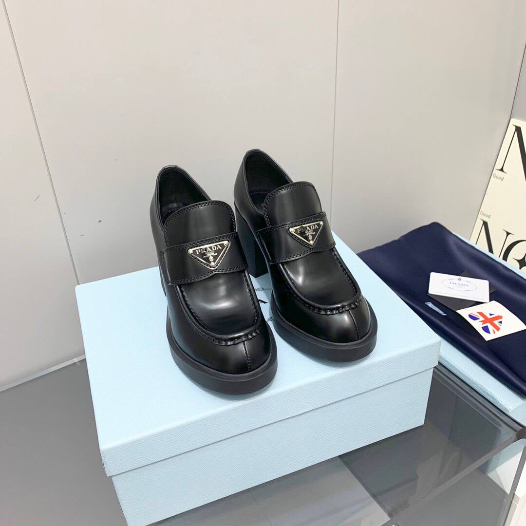 Prada Chocolate high-heeled brushed leather loafers