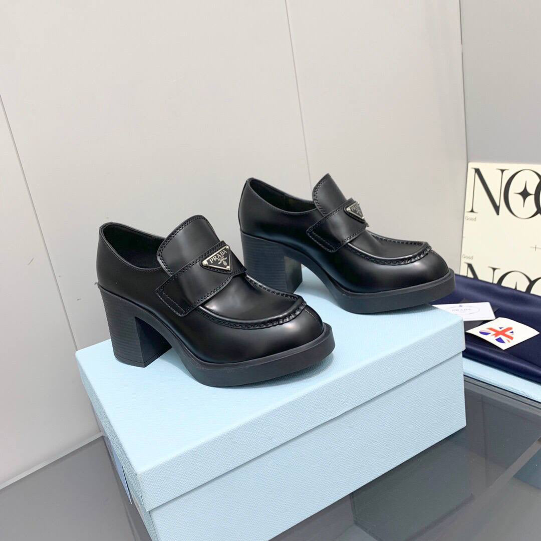 Prada Chocolate high-heeled brushed leather loafers