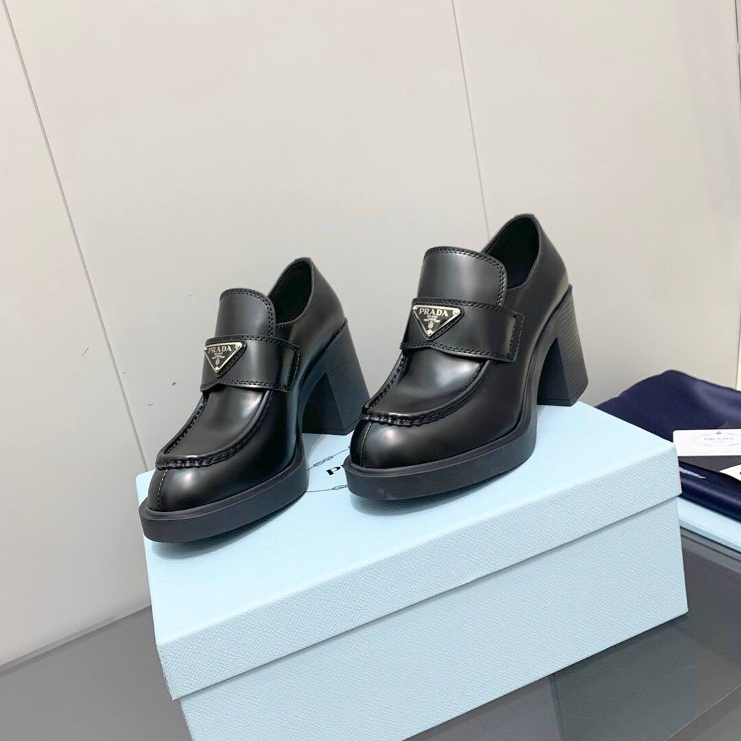 Prada Chocolate high-heeled brushed leather loafers