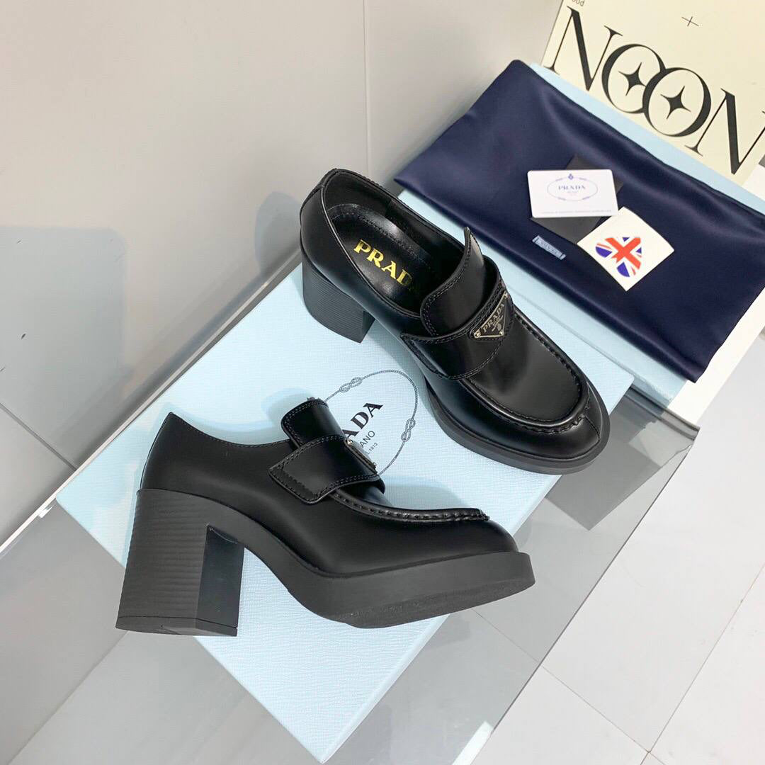 Prada Chocolate high-heeled brushed leather loafers