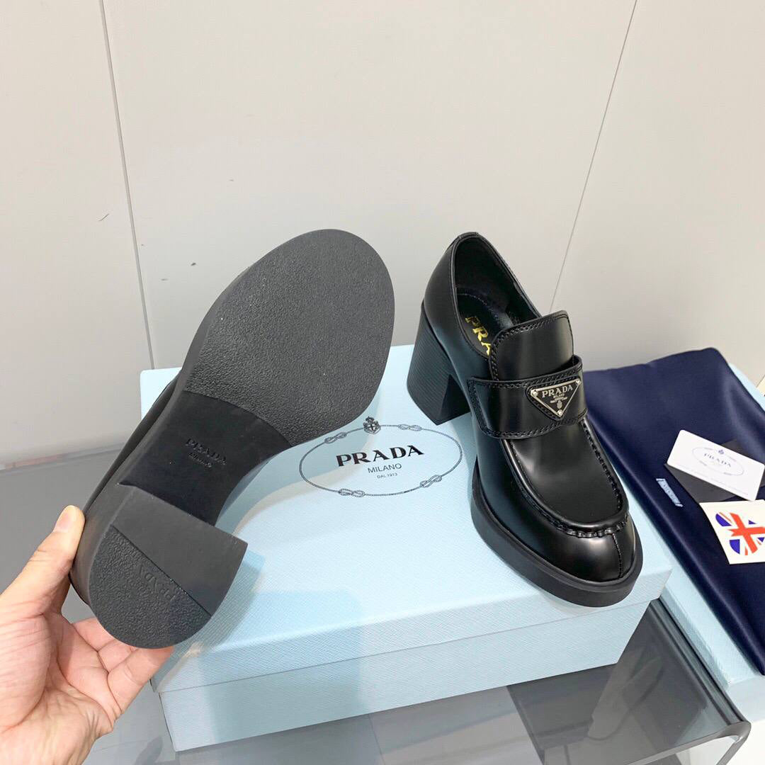 Prada Chocolate high-heeled brushed leather loafers