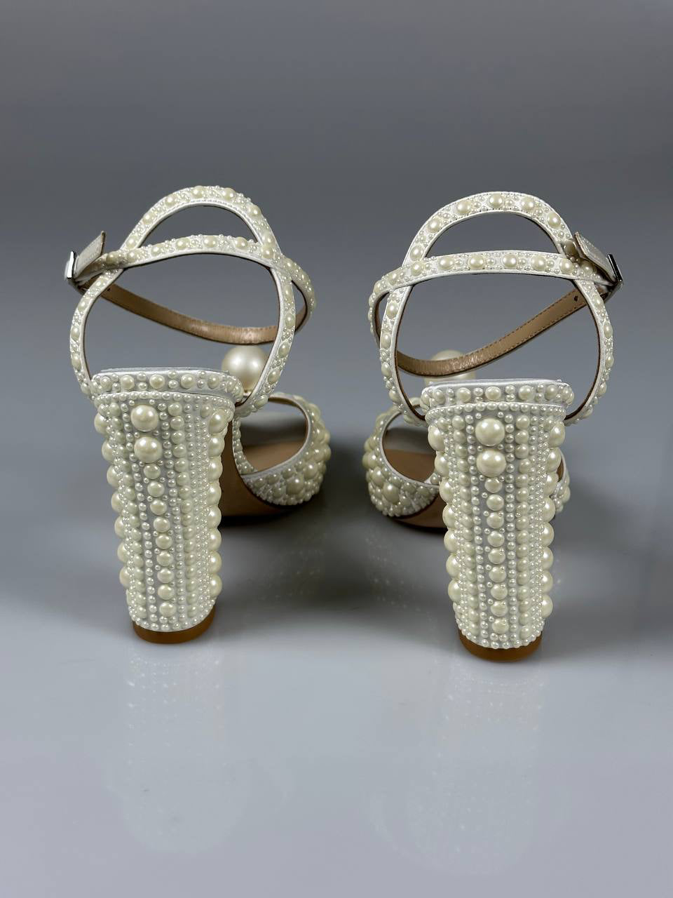 Jimmy Choo Sacaria 100 Satin Sandals with All-Over Pearl Embellishment