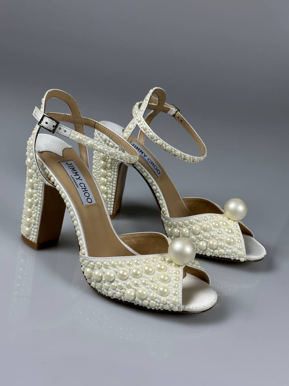 Jimmy Choo Sacaria 100 Satin Sandals with All-Over Pearl Embellishment