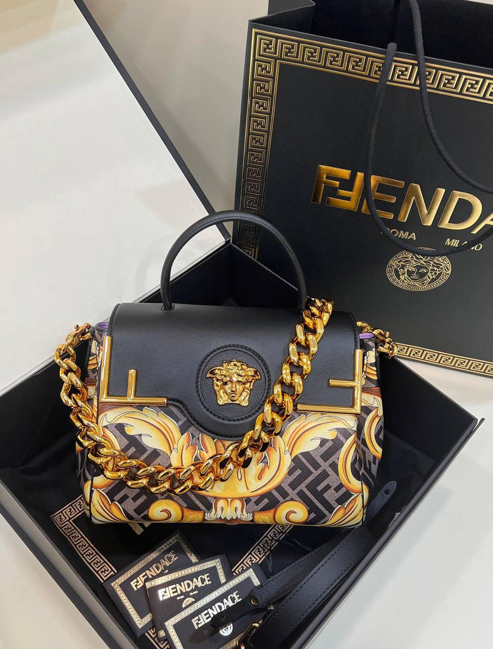 Fendi Fendace La Medusa Medium Handbag Gold Baroque