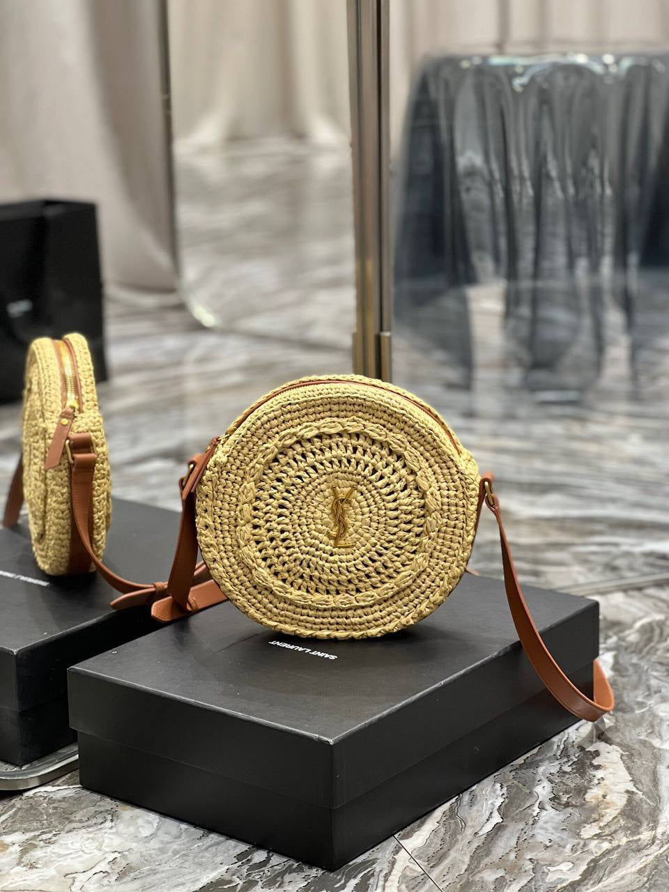 Saint Laurent Round leather-trimmed raffia shoulder bag