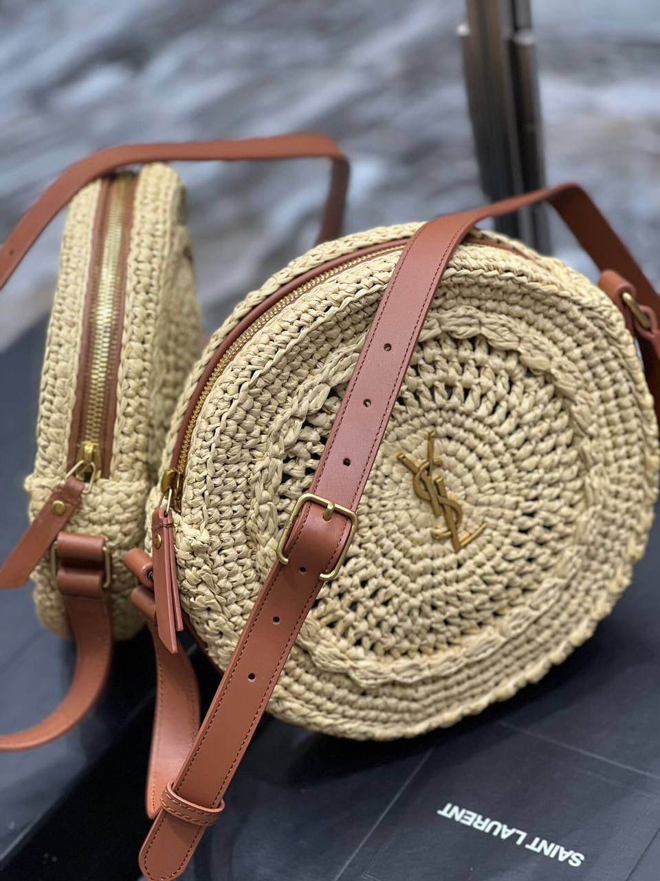 Saint Laurent Round leather-trimmed raffia shoulder bag
