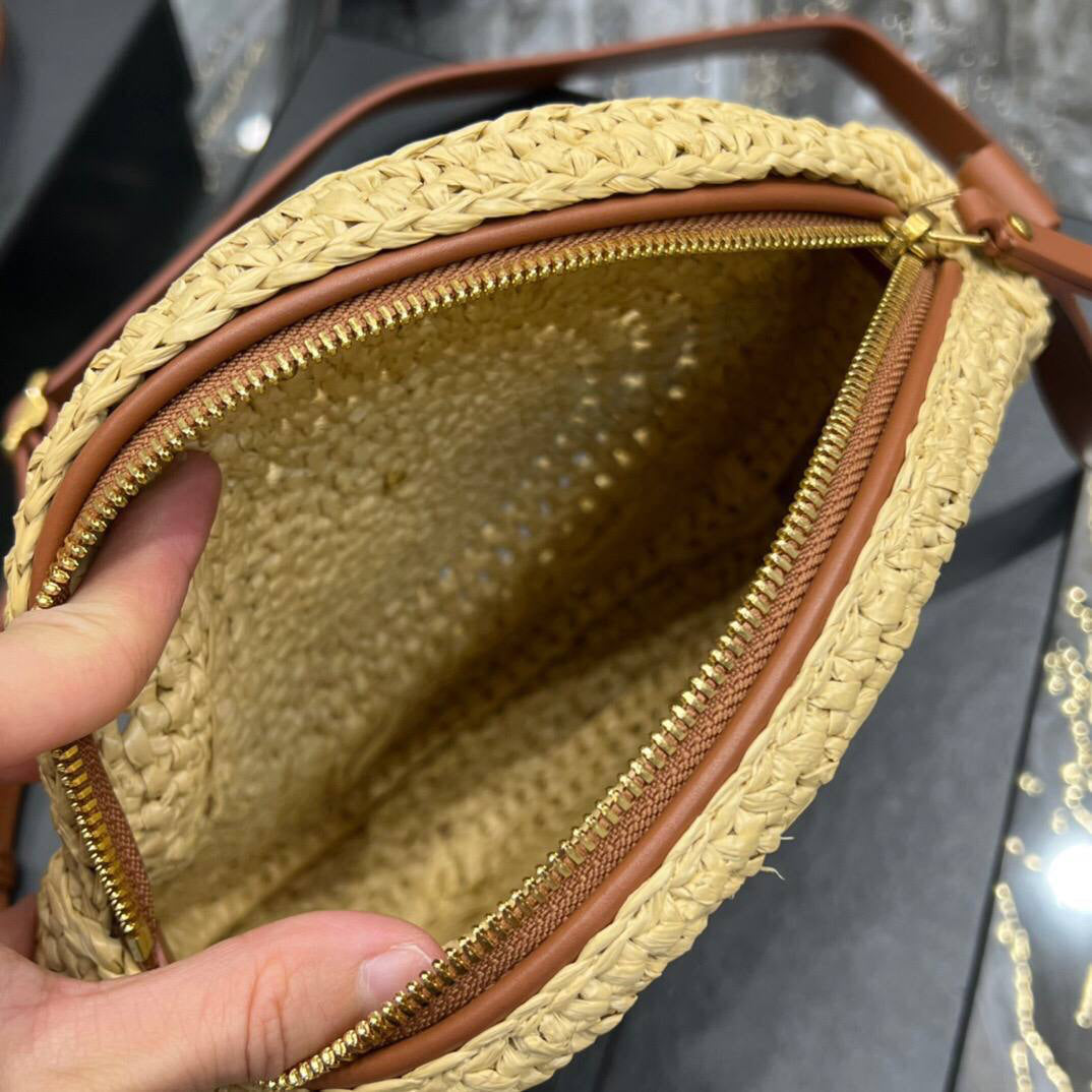 Saint Laurent Round leather-trimmed raffia shoulder bag