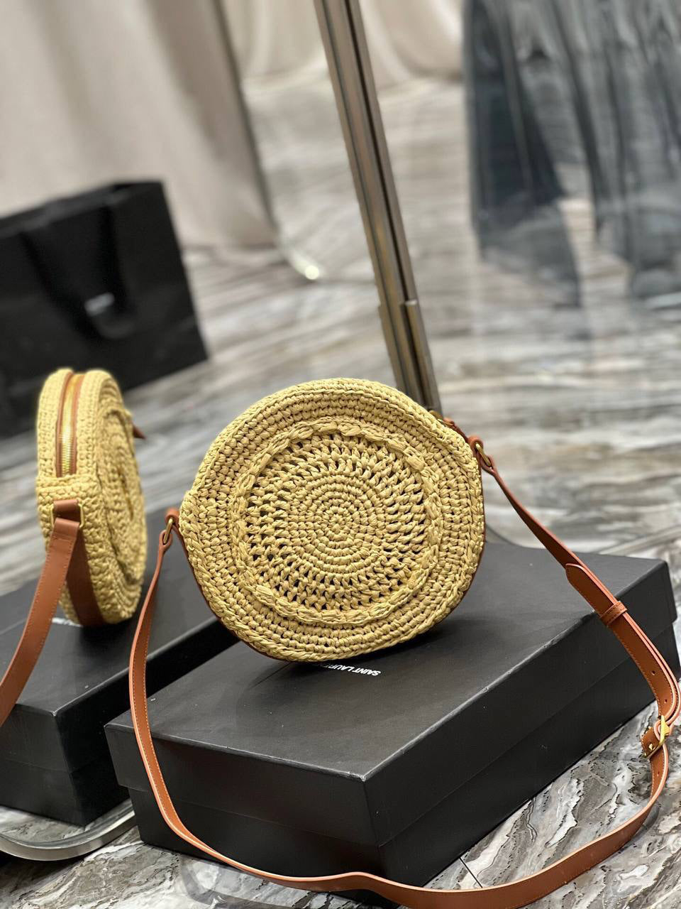 Saint Laurent Round leather-trimmed raffia shoulder bag