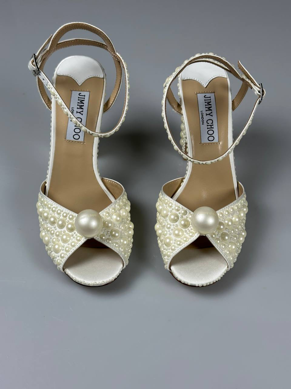 Jimmy Choo Sacaria 100 Satin Sandals with All-Over Pearl Embellishment