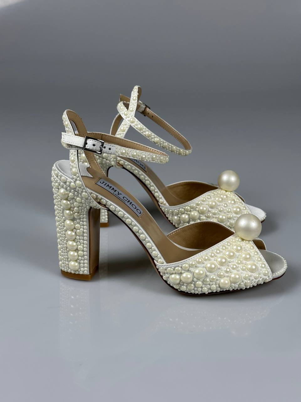 Jimmy Choo Sacaria 100 Satin Sandals with All-Over Pearl Embellishment